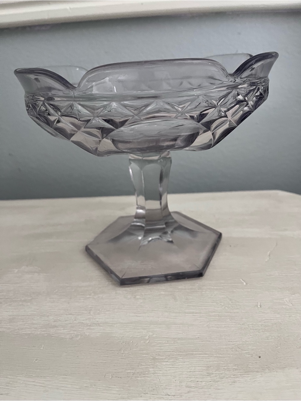 Elegant Glass Compote Pedestal Bowl in lite purple.